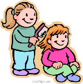 Cartoon on a girl sitting on floor with mum brushing hair