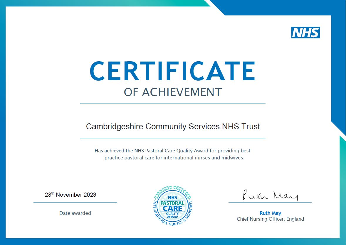 NHS Pastoral Care Award certificate