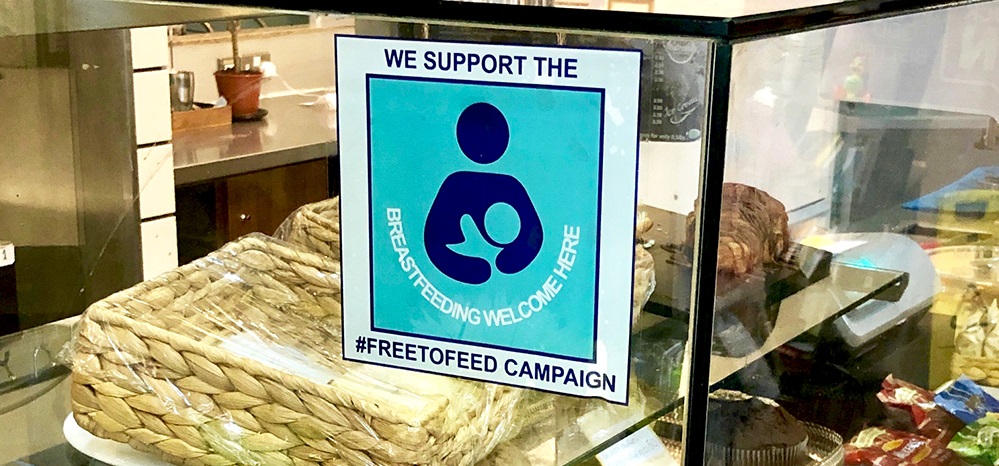 Free to Feed sticker in a cafe