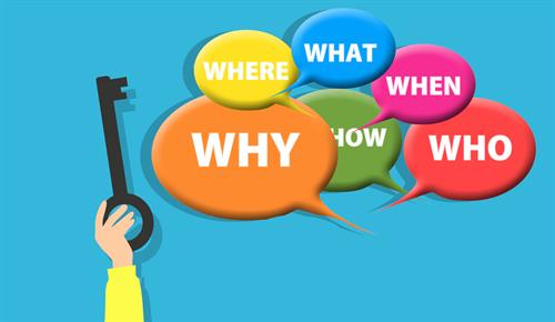 Where, What, Why, When, Who - multi coloured speech bubbles