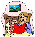 Cartoon of a young girl and mum reading bedtime story in bed