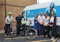 3845: Alex Forbes from Rutland Cycling presents the e-bikes to Leah Moors, Arden Dierker Viik, Kim Purkiss, Kathryn Mann and Tabitha Slater.